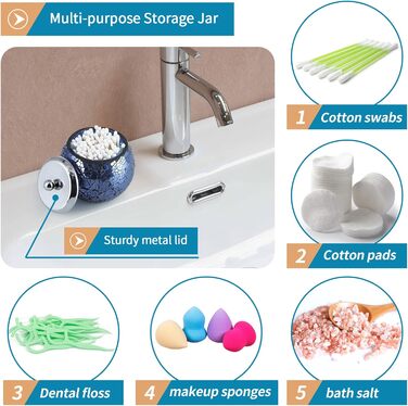 4-Piece Mosaic Glass Bathroom Accessory Set, Modern Luxury Bathroom Ensemble, including Soap Dispenser, Cotton Swab Holder, Toothbrush Holder, Vanity Tray (Glossy Blue)