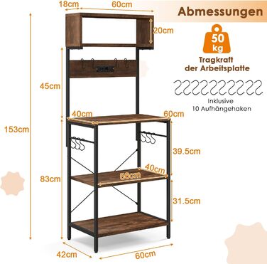 Стельовий стелаж COSTWAY для кухні з розеткою, з гачками, 60 x 42 x 153 см