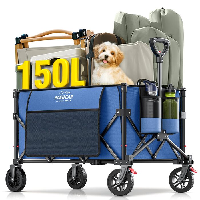 Універсальний складаний візок Elegear Bollerwagen 150L для пляжу, саду, кемпінгу, синій - вантажопідйомність 150 кг, 2 тримачі для напоїв, бічні кишені, гальма