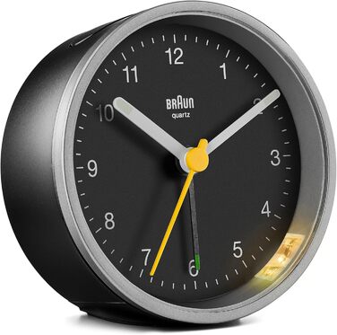 Classic Braun analog alarm clock with snooze function and light, quiet quartz movement, crescendo alarm in black and silver, model BC12SB