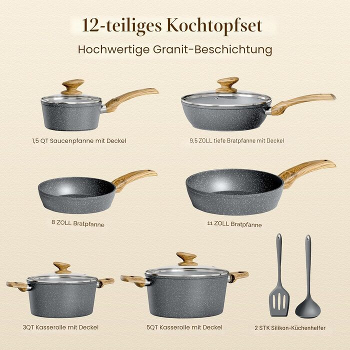 Набір каструль Kitchen Academy Induktion 12 предметів сірого кольору з гранітним антипригарним покриттям (без PFOA/PFOS)