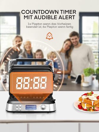 Вафельниця електрична 1600 Вт для бельгійських вафель, подвійна, 5 програм, 7 рівнів підсмажування, LCD-дисплей, таймер, захист від переливу, глибокі пластини, срібляста
