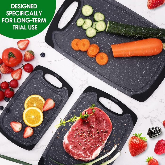 Набір дощок для нарізання з пластику з імітацією мармуру, з жолобками для соку та неслизькими ручками, 3 шт., BPA-Free, мармур, професійні, придатні для миття в посудомийній машині