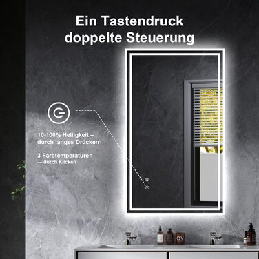 Дзеркало для ванної кімнати зі підсвічуванням 70x50 см, сенсорне керування, протизапітніння, 3 кольори світла, регулювання яскравості