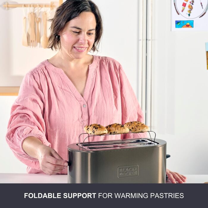 Тостер BLACK+DECKER BXTO1960E з цифровим керуванням, 1960 Вт, 6 рівнів підсмажування, 4 відділення, функції: стоп, підігрів та розморожування, автоматичне центрування, підігрівач для тостів