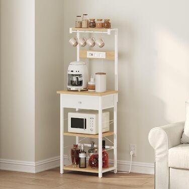 Полиця кухонна з розетками, стелаж для пекаря, підлоговий стелаж, 34 x 48 x 139 см, полиця для мікрохвильовки з ящиками, 4 гачки, для кухні, вітальні, їдальні, чорний/білий ABRHR48UE01