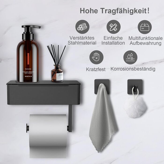 Тримач туалетного паперу SURFOU без свердління, чорний, 3-в-1, з боксом для вологих серветок, нержавіюча сталь, для ванної кімнати/туалету