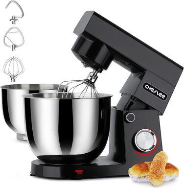 Кухонна машина Cheflee 1500W з чашами 4.5L та 5.5L з нержавіючої сталі, 10+ швидкостей, міксер з гаками для тіста та вінчиком, сплеск-захист (Чорний)