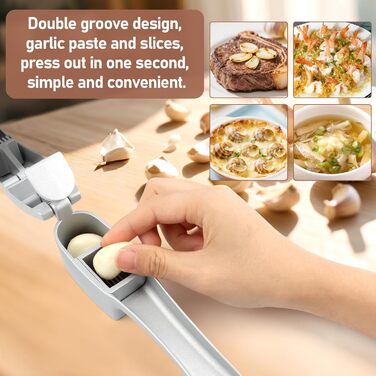 Прес для часнику з нержавіючої сталі 2-в-1, подрібнювач та шинковка часнику та імбиру, прес для часнику, ручний, легкий у чищенні, сумісний з посудомийною машиною, міцний, срібний