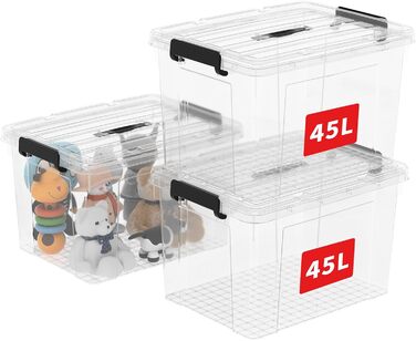 Cetomo Storage Boxes, Portable Plastic Boxes with Lids, Organizer Containers with Handle and Clips, Stackable, Nesting, for Home and Office, Transparent, 90L-3 Pack (45L*3)