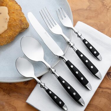 GRÄWE Stainless Steel Cutlery Set for 6 People, Heavy, Rustic, 30-Piece Table Cutlery Set, Forged Cutlery with Black Handles - Nuremberg Series 30-Piece | 6 People