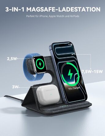 Зарядна станція 3 в 1 Lamicall для iPhone та Apple Watch, сумісна з MagSafe, сіра