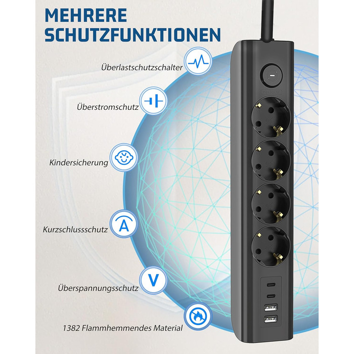 Многофункціональна мережева розетка 8 в 1 з USB, 3680W, з вимикачем, 16A, 2 USB-C, для смартфонів, ноутбуків, iPad, білий/чорний, 1.8м кабель