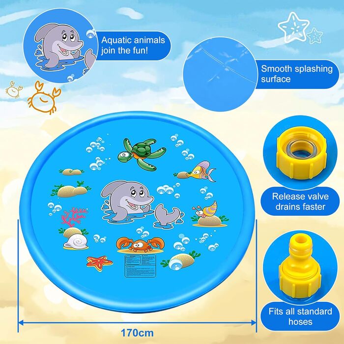 Водяна іграшка для дітей, килимок-спринклер 170см для активного відпочинку на вулиці, у саду, для собак та дітей від 2 років. Літній спринклер-килимок для ігор.