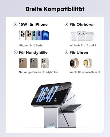 ZEEHOO 3-в-1 зарядний станція для Apple MagSafe: зарядка для iPhone, Apple Watch та AirPods (30W USB-C), сірий