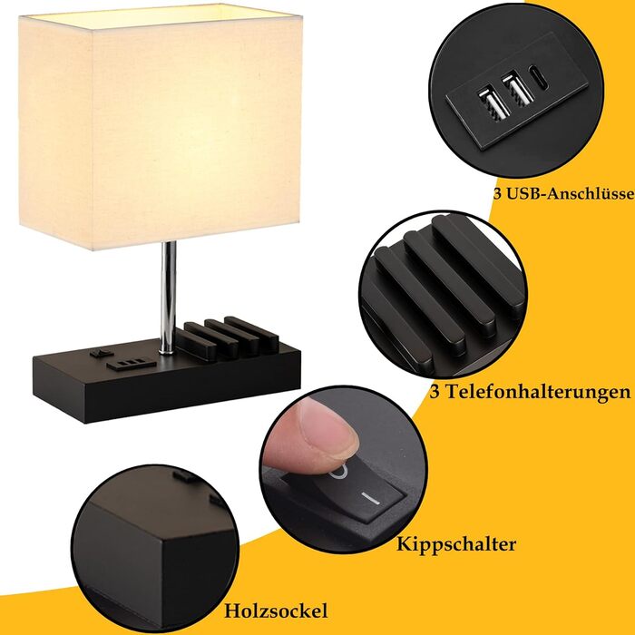 Настільна лампа Dreamholder з 3 USB-портами (A+C), підставкою для телефону, для спальні, вітальні, офісу, з натуральним дерев'яним цоколем та тканинним абажуром (чорний цоколь)