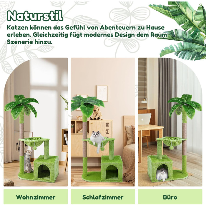 Zonema Kratzbaum-Kratzstamm Scratching Post with 80 cm Scratching Column for Small and Large Cats, Sisal Rope Cat Scratching Post with 1 Interactive Ball, Scratching Pole Cat Furniture, For Indoor Activity, Play (Cat Tree 110 cm tall, Green)