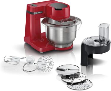 Кухонний комбайн Bosch Serie 2 MUMS2ER01, 700 Вт, 3,8 л, з нержавіючої сталі, планетарний міксер, насадки для замішування тіста, збивання та різання, 3 диски, червоний