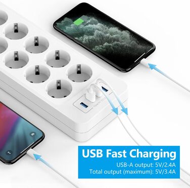 Мережева розетка JSVER на 10 розеток з 4 USB-портами для зарядки, біла. 16A, з вимикачем та кабелем 2м.