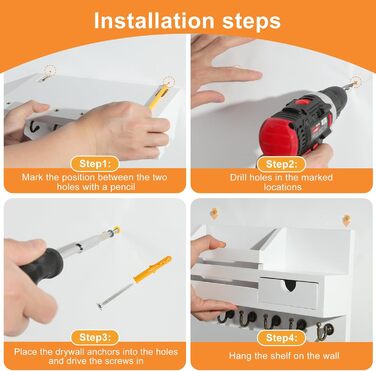 Дерев'яне ключниця з полицею та шухлядою, 6 гачків, для прихожей, офісу, на стіну (білий)