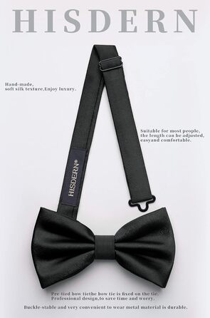 Чорна краватка-метелик HISDERN з кишеньковим хустинкою для чоловіків, однотонна, регульована, для вечірки, весілля, смокінгу