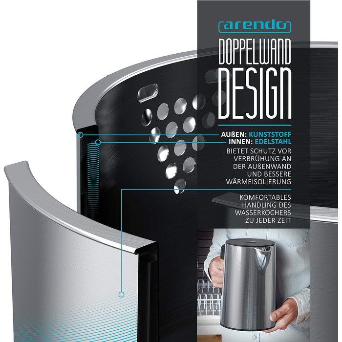 Arendo - Stainless Steel Kettle with Temperature Setting 40-100 Degrees in 5-Degree Increments - Double-Walled Design - Model ELEGANT - 1.5 Liter - 2200 W - Tea Kettle with Temperature Display - GS - Silver