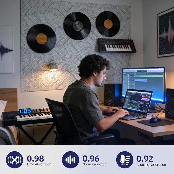 Самоклеючі акустичні панелі Vieshful 30x30x1 см, звукопоглинаючі панелі для стін та стелі (10 шт, сірі) для студії, офісу та спальні