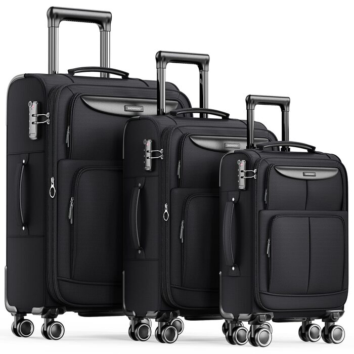 Набір тканинних валіз SHOWKOO з TSA-замком, 3 предмети (M, L, XL), розширювані легкі дорожні валізи-тролеї на 4 колесах, чорний колір