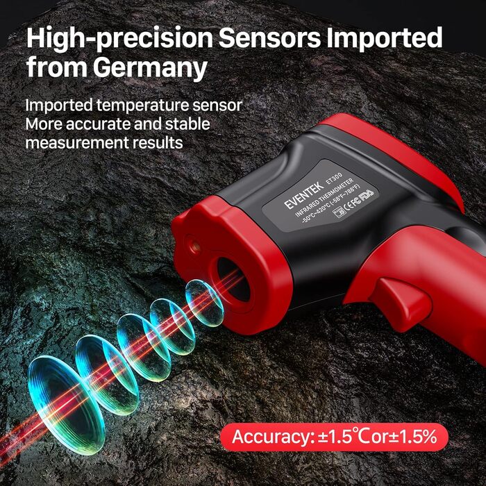 Інфрачервоний термометр Eventek -50°C до 600°C з лазером та LCD дисплеєм. Безконтактний термометр для піци, гриля, кухні та промисловості. Регульований коефіцієнт випромінювання (Не для людей). Червоний, діапазон -50°C ~ 500°C