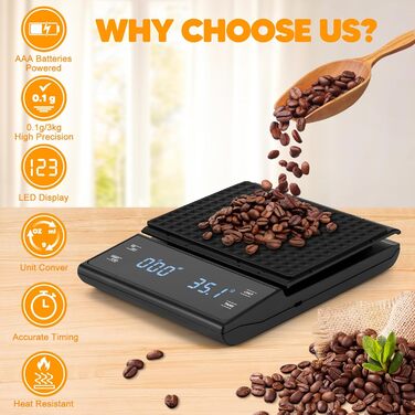 Електронні ваги для кави Viitech, до 3 кг, з таймером, 0.1 г, для дому та офісу