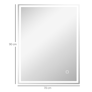 Дзеркало для ванної кімнати HOMCOM з підсвіткою 90x70 см, LED, настінне з функцією пам'яті, 3 кольори світла, запобігає запотіванню, сенсорне управління, срібний