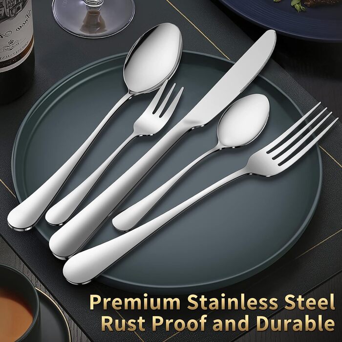 Набір столових приборів Aoeeppa на 6 осіб (30 предметів), нержавіюча сталь, дзеркальна поліровка, для дому, кухні, ресторану, придатний для миття в посудомийній машині (сріблястий)