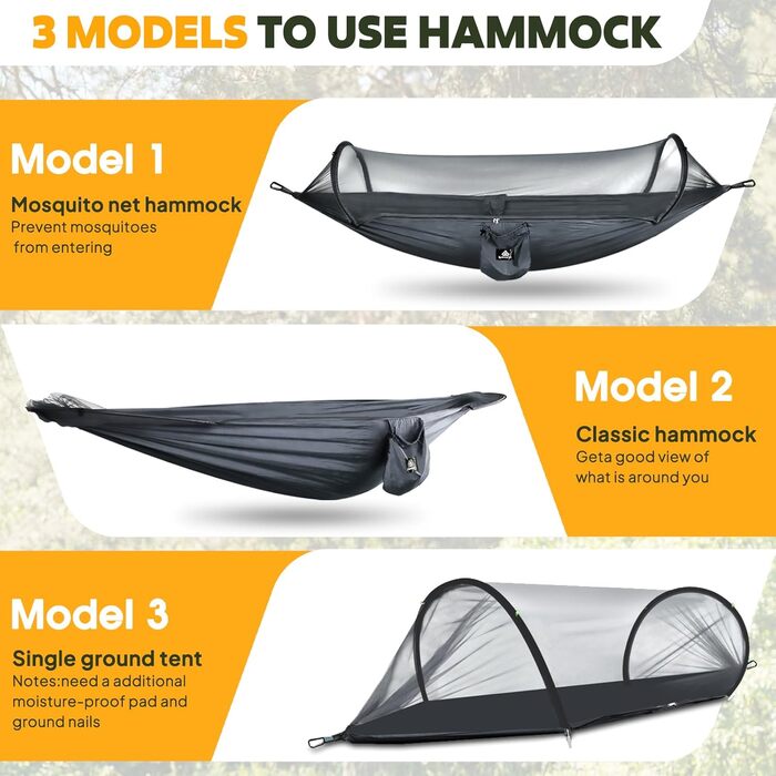 Гамак для кемпінгу NATUREFUN з москітною сіткою | Легкий, 300 кг, дихаючий, швидковисихаючий, нейлон, армійний зелений