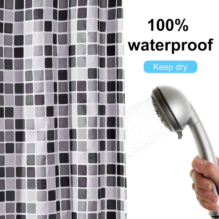 Шторка для душу DUFU, водовідштовхувальна, миється | Швидковисихаюча поліестер, 12 гачків | Напівпрозора захисна шторка для ванни (180x200 см, Темно-сірий) (Мозаїка 180x200 см)