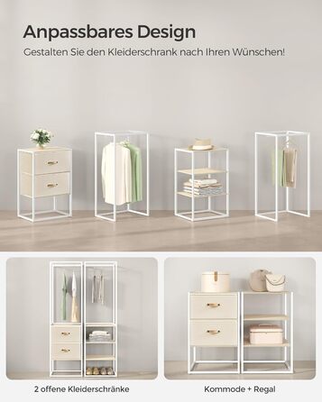 SONGMICS Clothes Rack, Open Wardrobe, High-Load-Capacity Coat Rack, 1 Extendable Rod, 2 Drawers, 4 Shelves, for Bedroom, Space-Saving, Natural Beige RGR003W67