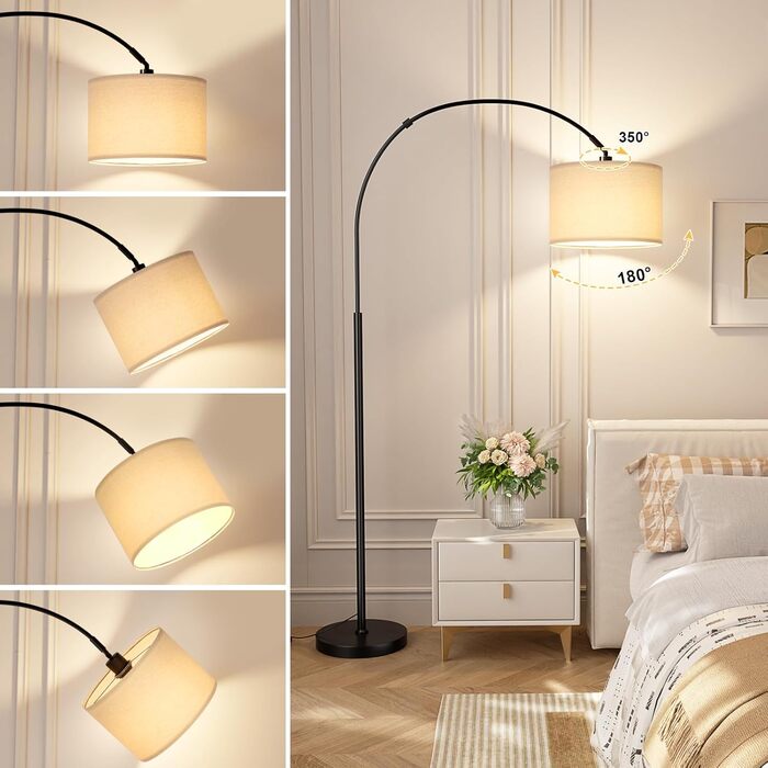 Торшер для вітальні Stehlampe з димером, LED E27, пульт ДУ, бежевий плафон, чорна база, поворотний, 180 см