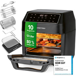 GOURMETmaxx Hot Air Fryer 12 L Airfryer | Deep Fryer with 9 Functions, Touch Display, Rotating & Skewer Spits | 10 Programs incl. Pizza | Mini Oven 1700 W – virtually without oil, matte black, 12 liters