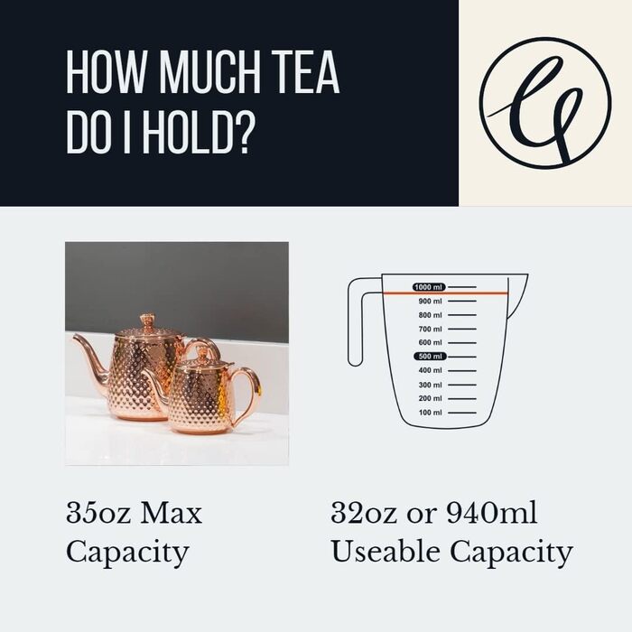 Café Olé Sandringham Teapot with Hammered Finish made from high-quality 18/10 stainless steel and surface – 0.5L, drip-free pouring, hollow handles (35oz, Copper)