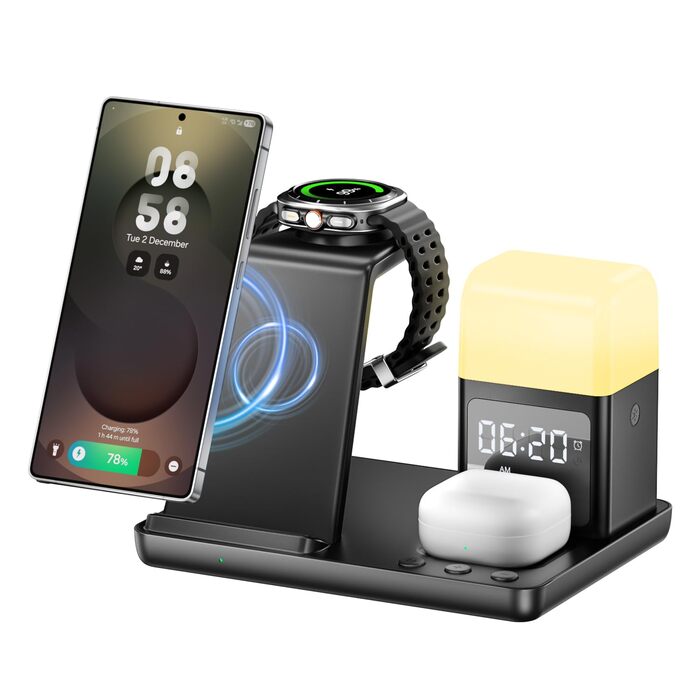 Багатофункціональна зарядка 6 в 1 з індуктивним бездротовим зарядним пристроєм, будильником та нічником, сумісна з Samsung Galaxy S25/24/Galaxy Buds3/Galaxy Watch, iPhone 16/15/AirPods4/3, жовта