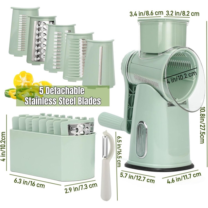 Ручна тертка для сиру та овочів з 5 зміненими лезами з нержавіючої сталі, кругла тертка з ручною рукояткою, харчовий подрібнювач для кухні, зелена коробка для зберігання