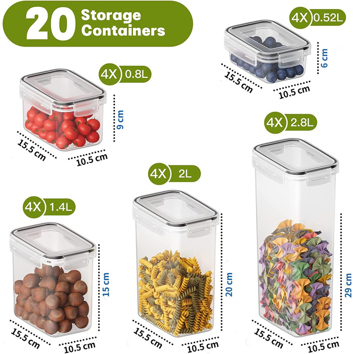 Набір контейнерів для зберігання Withosent 20 шт. з герметичними кришками, 2.8L, 2L, 1.4L, 0.8L, 0.52L - для кухні, круп, мюслі, борошна