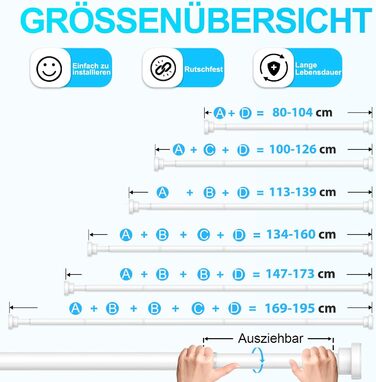 Штанга для штор без свердління AIZESI, 80-195 см, телескопічна, діаметр 22 мм, для ванної, вікна, шафи, біла
