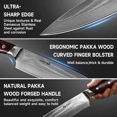 Набір кухонних ножів Sanhui Damast: 3 ножі з дамаської сталі з ручками з паккавуда. Професійний набір ножів у подарунковій коробці - ідеальний для професійних та аматорських кухарів.