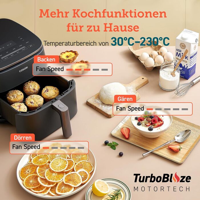 Cosori Turboblaze Air Fryer, 9-in-1 Air Fryer XXL 6L, quiet DC motor with 5 speed settings, grilling, baking, proofing, dehydrating, thawing, 87 recipes, 64% energy saving Turbo Blaze Dark Grey