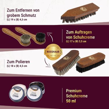 Premium Rosshaar Shoe Brush Shoe Care Set - 2 x Extra-Large Polishing Brushes - 2 x Rosshaar Application Brushes - 2 x Brand-Name Shoe Cream - Coconut Fiber Dirt Brush - Shoe Care Made in Germany