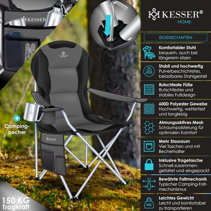 Крісло кемпінгове KESSER® складне до 150 кг, з підлокітниками, високою спинкою, сіре (антрацит/чорне) + тримач для напоїв