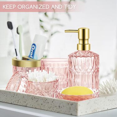 Набір аксесуарів для ванної кімнати зі скла: мильниця, дозатор мила, стакан, тримач для зубних щіток, контейнер для ватних паличок, рожевий колір