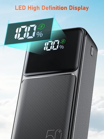 Power Bank 50000mAh з кабелем, швидка зарядка USB-C PD20W/QC22.5W, LED-індикатор, 2 входи/5 виходів, для телефонів, планшетів, подорожей, кемпінгу - Чорний