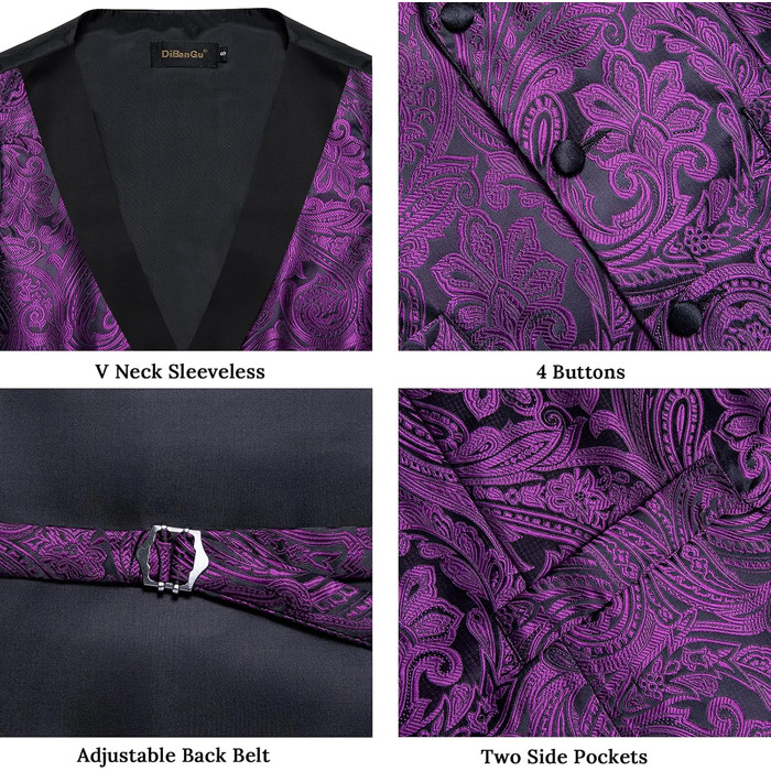 Жилет чоловічий DiBanGu з краваткою та хустинкою в паєтному стилі, S-3XL, квітковий принт (чорний та фіолетовий)