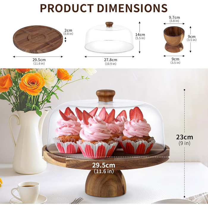 Дзеркальний підставка для тортів 30 см з дерева | Подвійна тортівниця з ніжками та кришкою (PET) | Тортниця-дзвіночок | Універсальна підставка для тортів на весілля, день народження, чаювання
